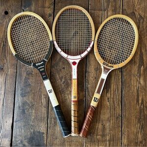 Set 3 Wood Tennis Rackets Rack Vintage Wall Art